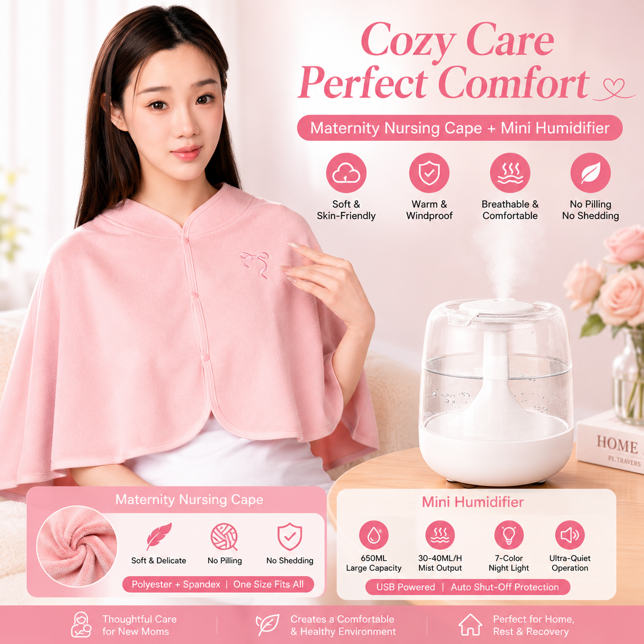 2 pcs Relaxing Winter Set - Pink Nursing Cape and White Mini Humidifier