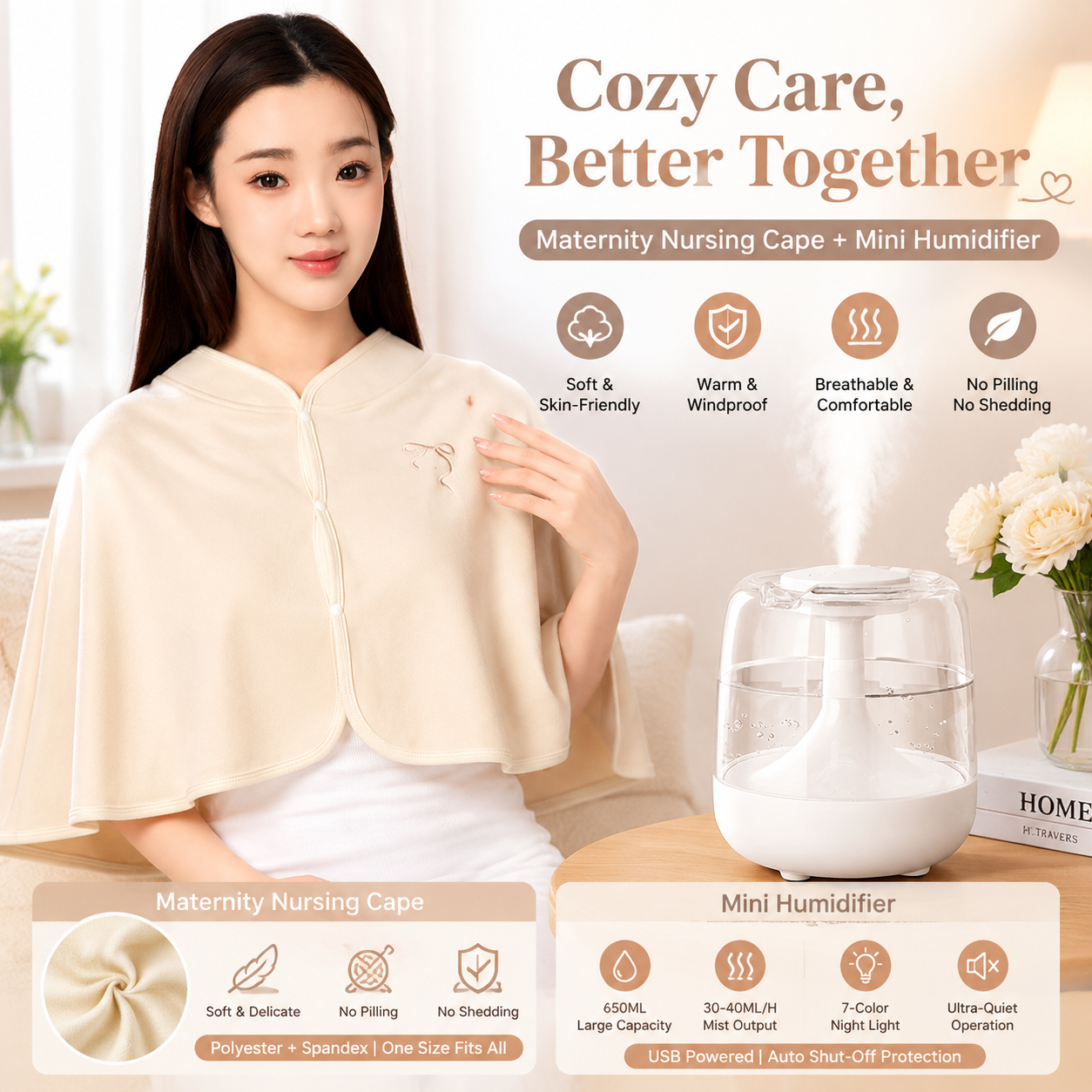 2 pcs Relaxing Winter Set - Beige Nursing Cape and White Mini Humidifier