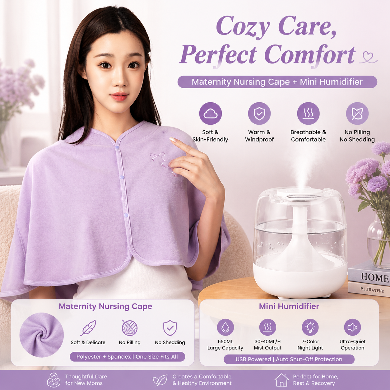 2 pcs Relaxing Winter Set - Purple Nursing Cape and White Mini Humidifier