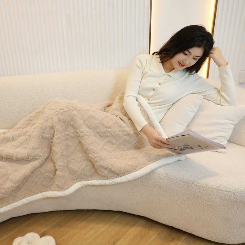 Khaki 90×140cm Textured bar knit pattern Sherpa Fleece and Taffeta Throw view 10