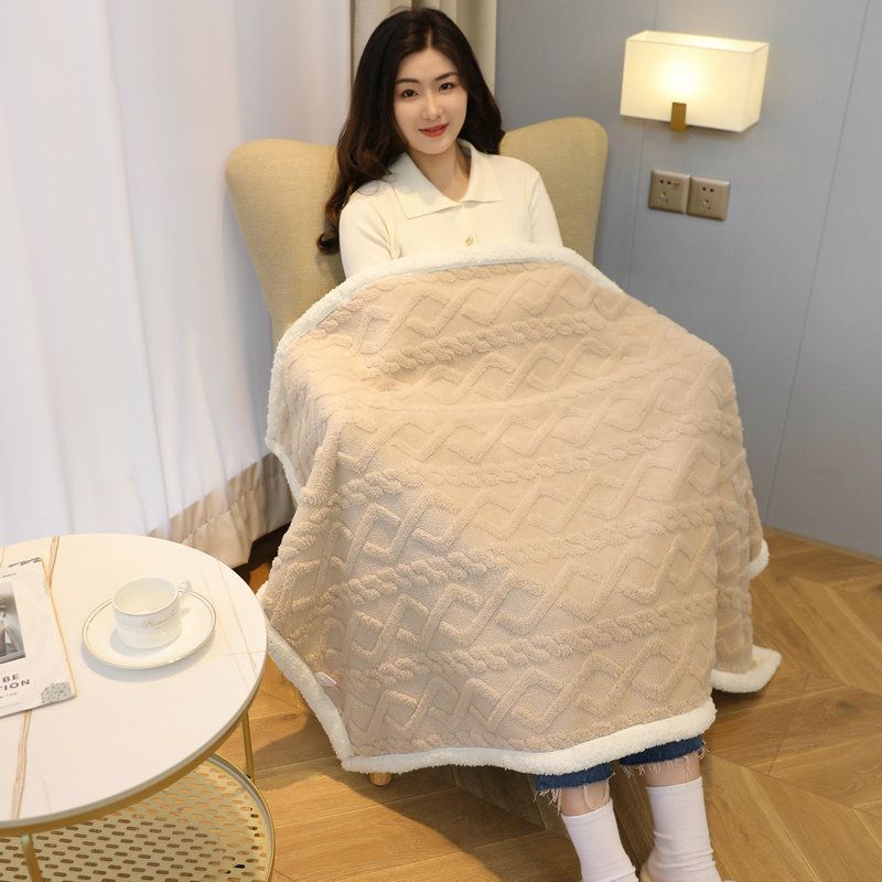 Khaki 90×140cm Textured bar knit pattern Sherpa Fleece and Taffeta Throw view 11