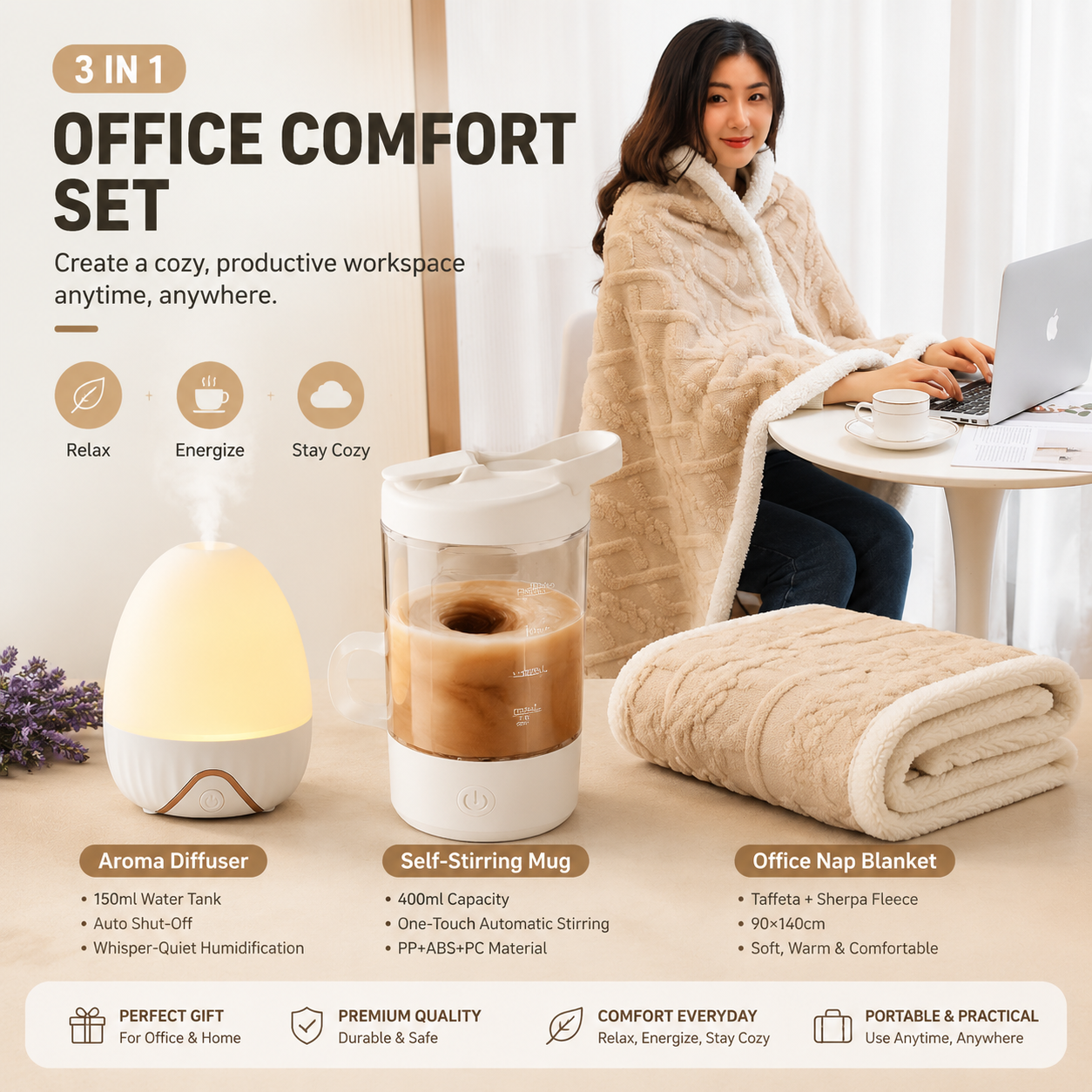 3-piece Office Comfort Gift Bundle Set – White Aromatherapy Diffuser