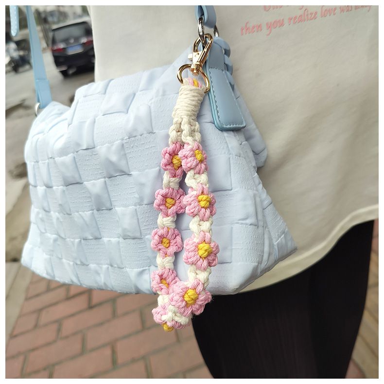 Pink Boho Daisy Handmade Braided Wrist Strap Keychain – Floral Crochet Keyring view 8