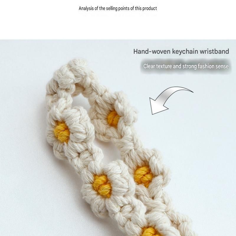 Green Boho Daisy Handmade Braided Wrist Strap Keychain – Floral Crochet view 4