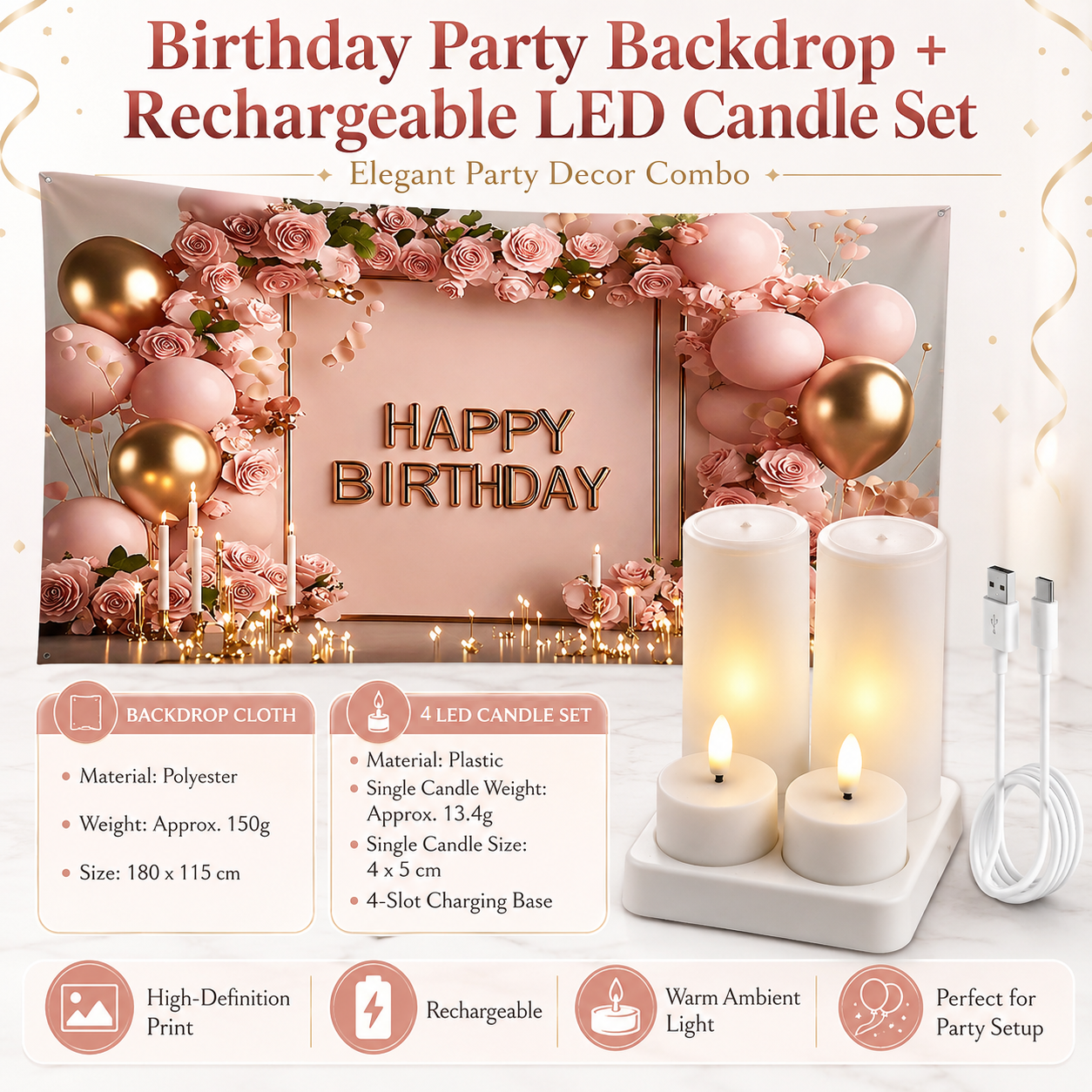 Birthday Party Backdrop and Rechargeable LED Candle Set - 180x115 cm Printed