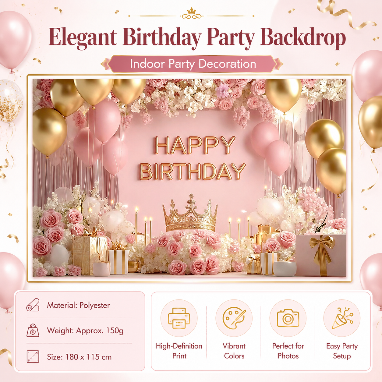Birthday Party Backdrop and Rechargeable LED Candle Set - 180x115 cm Printed view 2