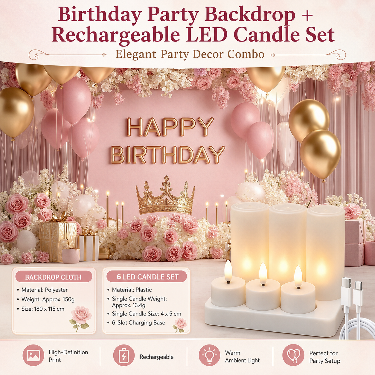 Birthday Party Backdrop and Rechargeable LED Candle Set - 180x115 cm Printed