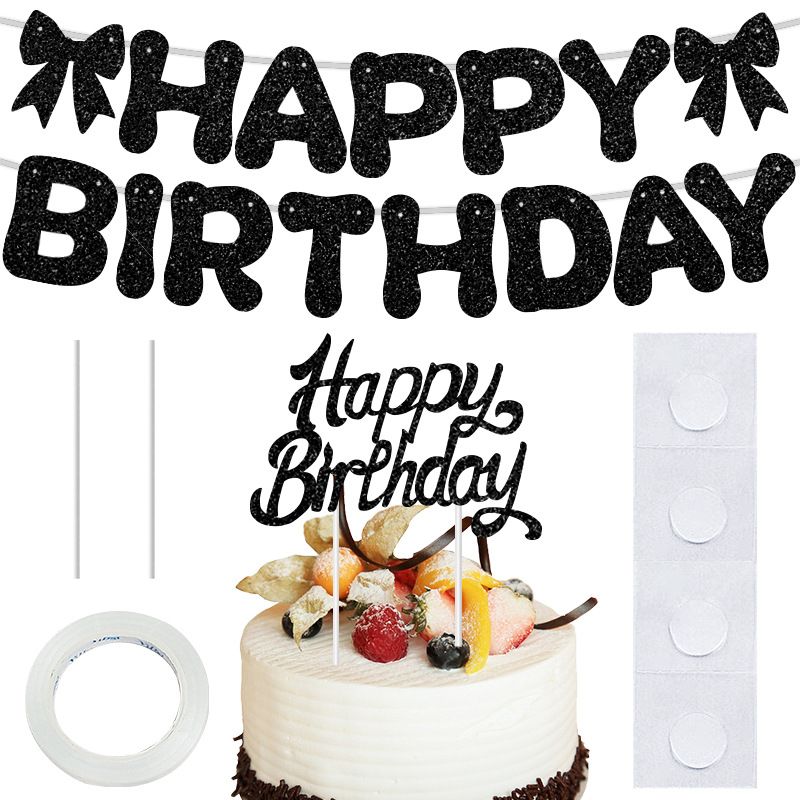 Golden Glitter Happy Birthday Banner and Cake Topper Set - Bow Decoration view 4