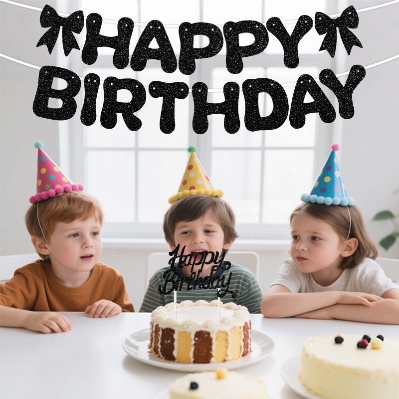 Pink Glitter Happy Birthday Banner and Cake Topper Set - Bow Decoration view 6