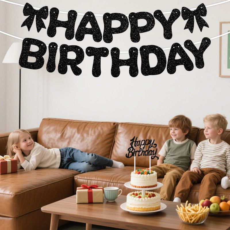 Black Glitter Happy Birthday Banner and Cake Topper Set - Bow Decoration view 5