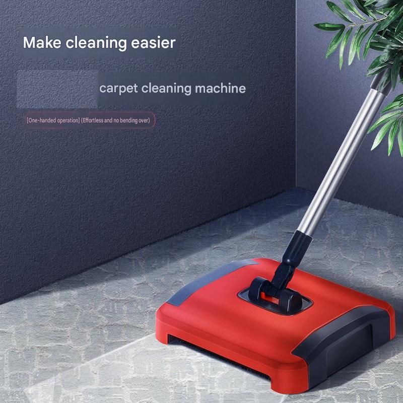 Red Manual Carpet Sweeper with Triple Roller Brushes - Non-Electric Push Broom view 2