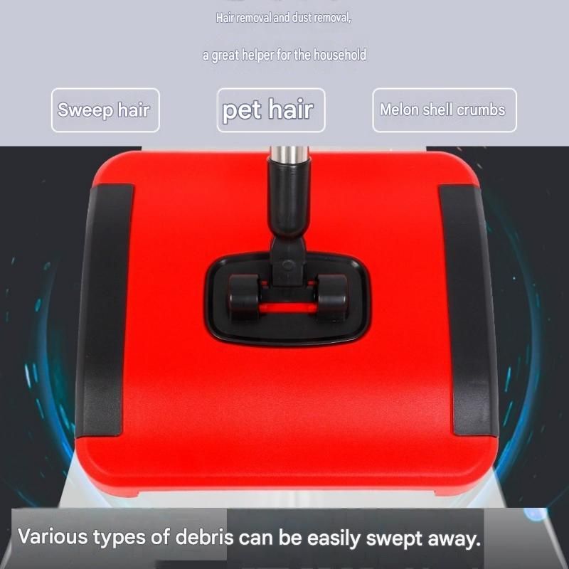 Red Manual Carpet Sweeper with Triple Roller Brushes - Non-Electric Push Broom view 3