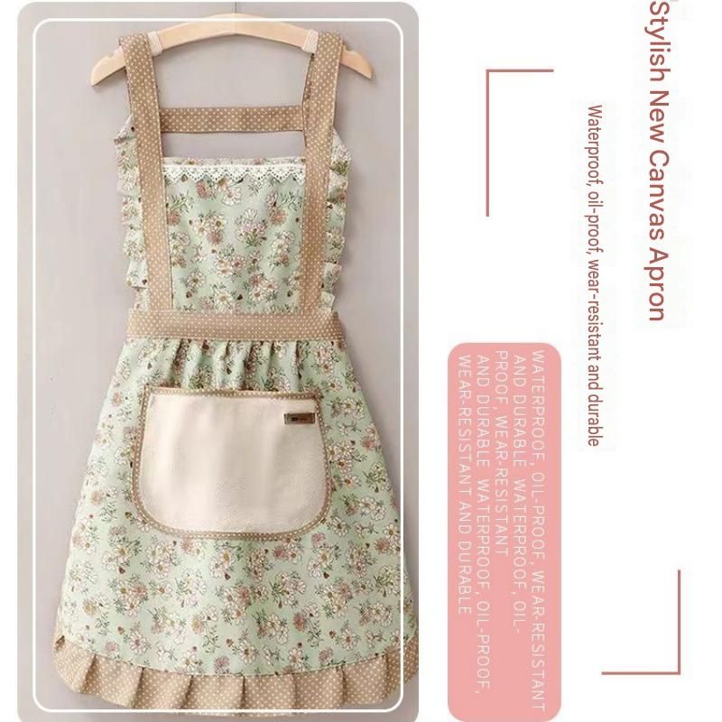 Floral Canvas Pink Kitchen Apron - Waterproof Oil-Resistant with Hand-Wipe Pocket view 3