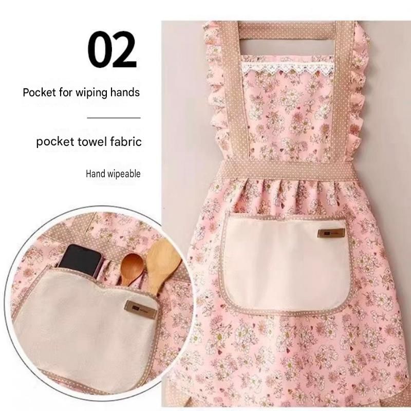 Floral Canvas Blue Kitchen Apron - Waterproof Oil-Resistant with Hand-Wipe Pocket view 7