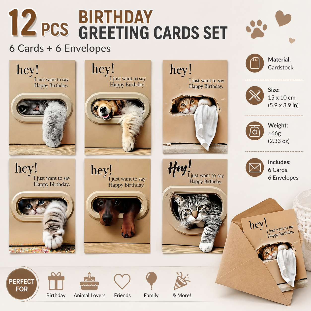 Cute Cat and Dog Birthday Card Set - 6 Assorted Greeting Cards with Envelopes