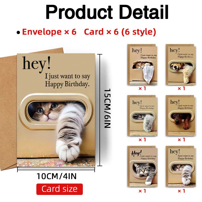 Cute Cat and Dog Birthday Card Set - 6 Assorted Greeting Cards with Envelopes view 2