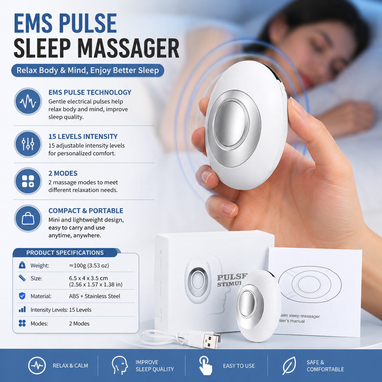 White Portable EMS Pulse Sleep Aid Device - 15 Adjustable Levels