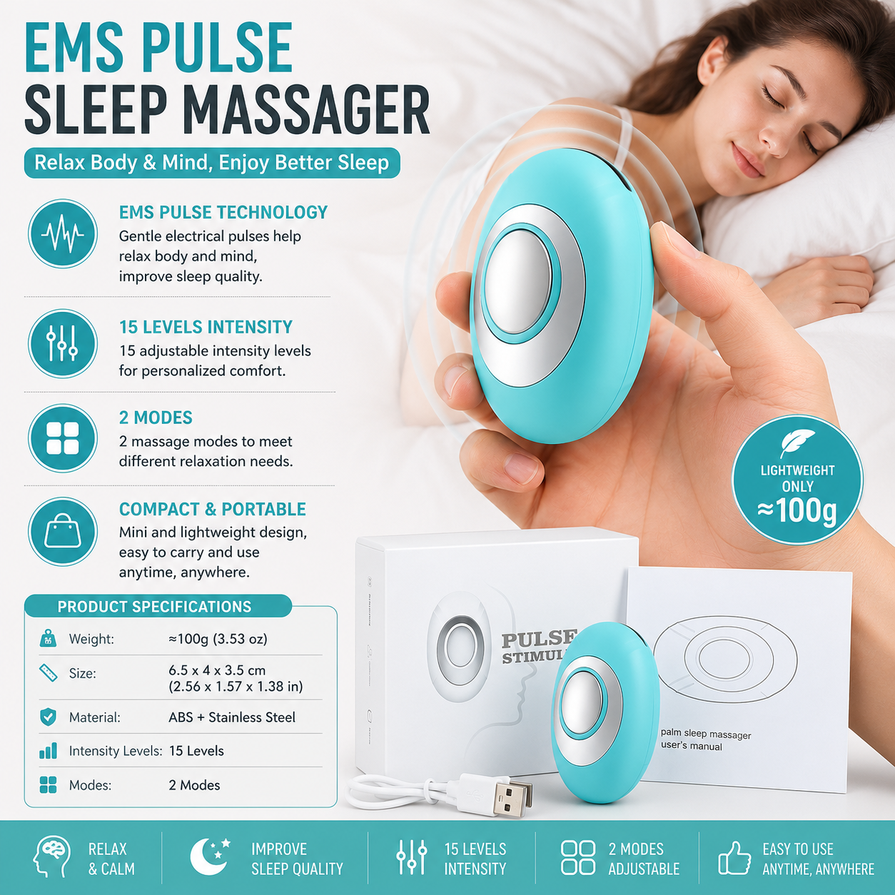 Green Portable EMS Pulse Sleep Aid Device - 15 Adjustable Levels