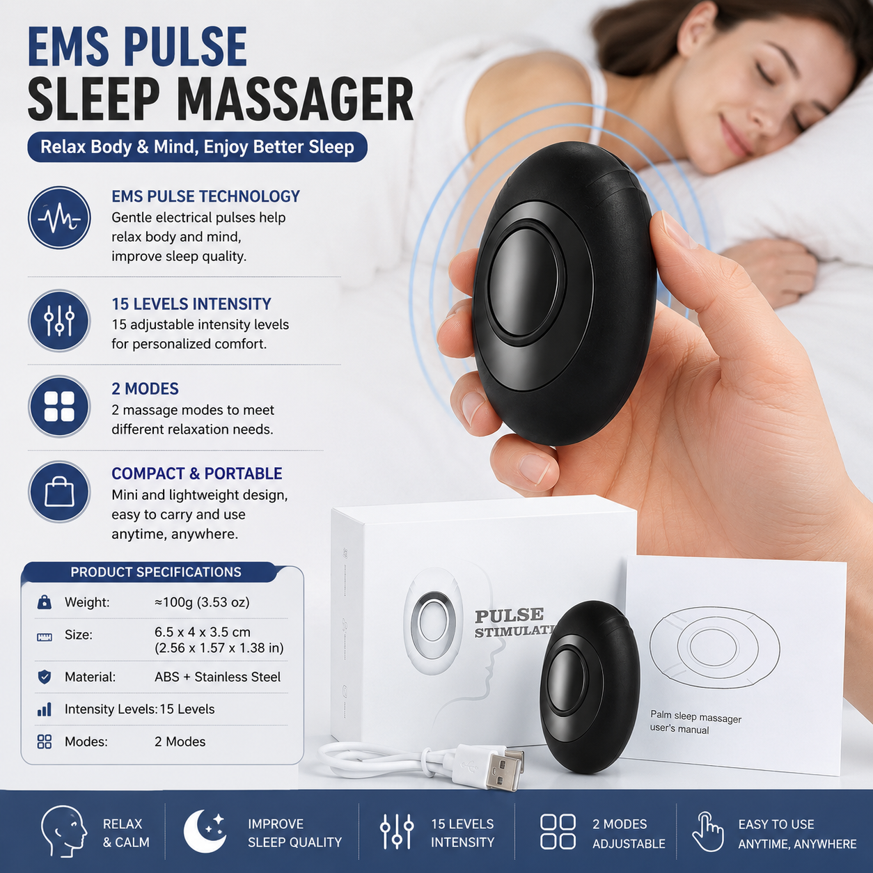 Black Portable EMS Pulse Sleep Aid Device - 15 Adjustable Levels