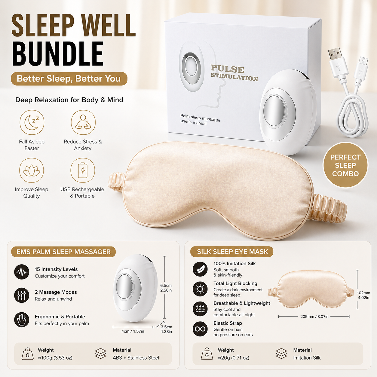 Winter Sleep Aid Bundle - White Handheld EMS Pulse Device with 15 Levels and