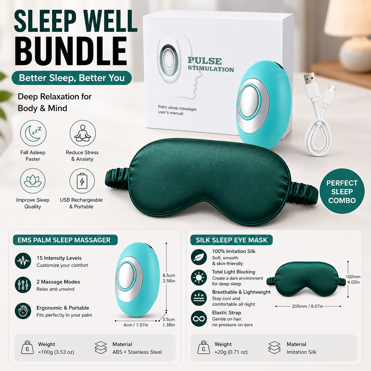 Winter Sleep Aid Bundle - Green Handheld EMS Pulse Device with 15 Levels and