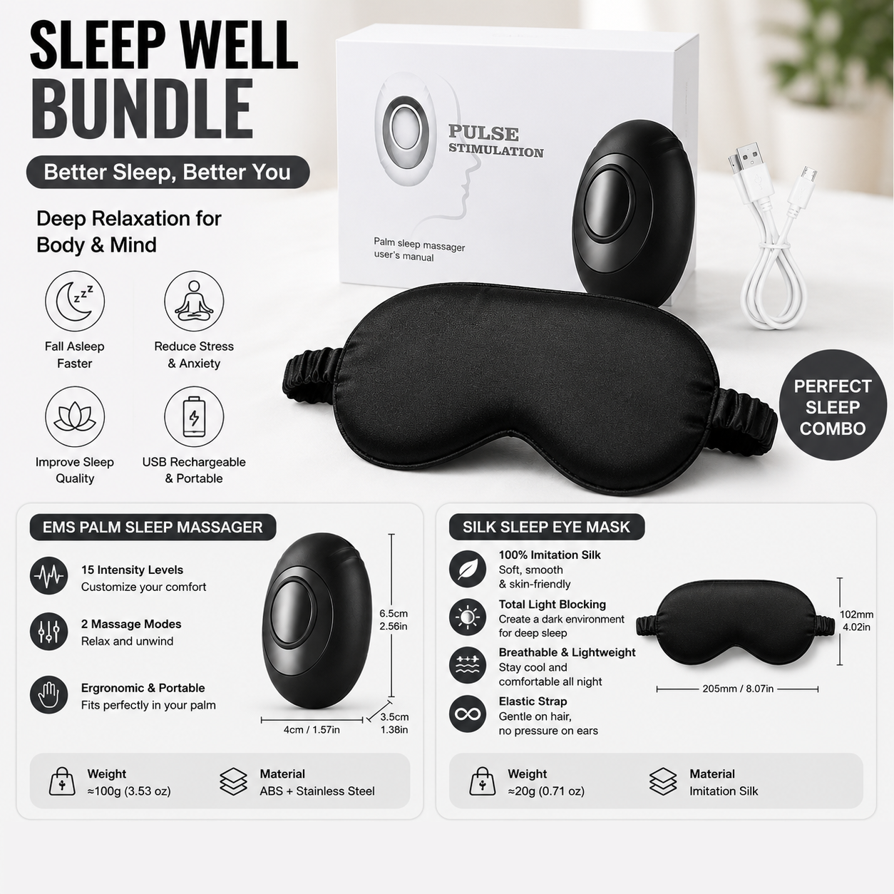 Winter Sleep Aid Bundle - Black Handheld EMS Pulse Device with 15 Levels and