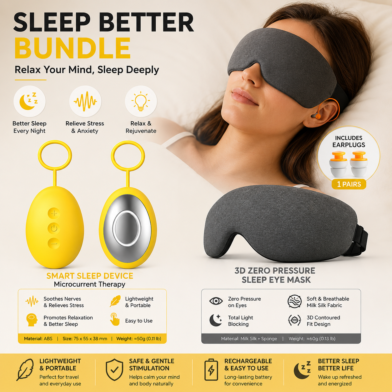 Sleep Aid Combo Set - Yellow Portable Microcurrent Handheld Device and Grey 3D