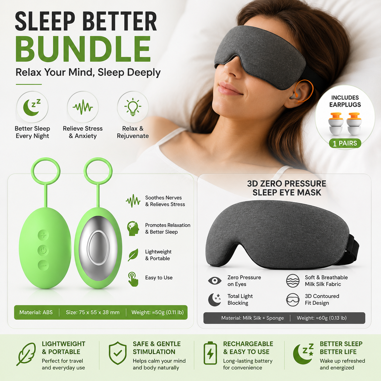 Sleep Aid Combo Set - Green Portable Microcurrent Handheld Device and Grey 3D