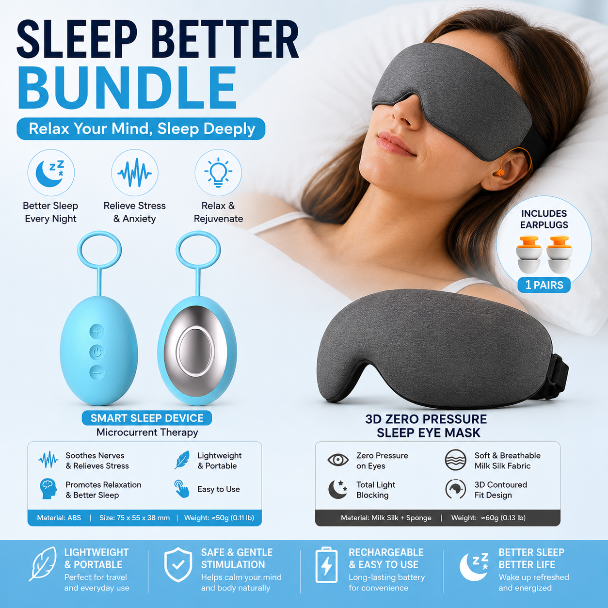 Sleep Aid Combo Set - Blue Portable Microcurrent Handheld Device and Grey 3D