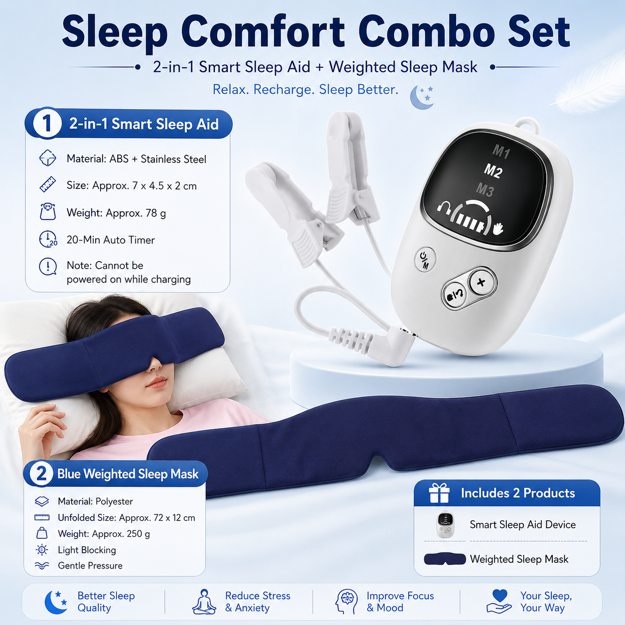 Home and Travel Sleep Aid Bundle - White Dual Mode CES Microcurrent Sleep Aid