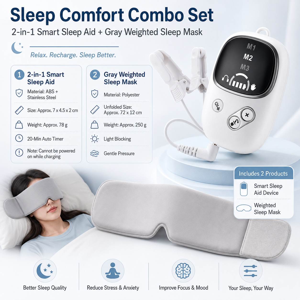 Home and Travel Sleep Aid Bundle - White Dual Mode CES Microcurrent Sleep Aid