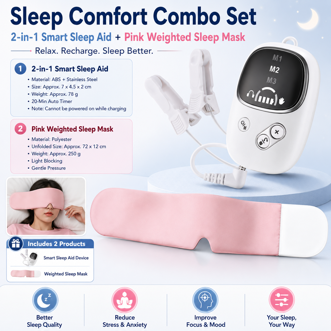 Home and Travel Sleep Aid Bundle - White Dual Mode CES Microcurrent Sleep Aid