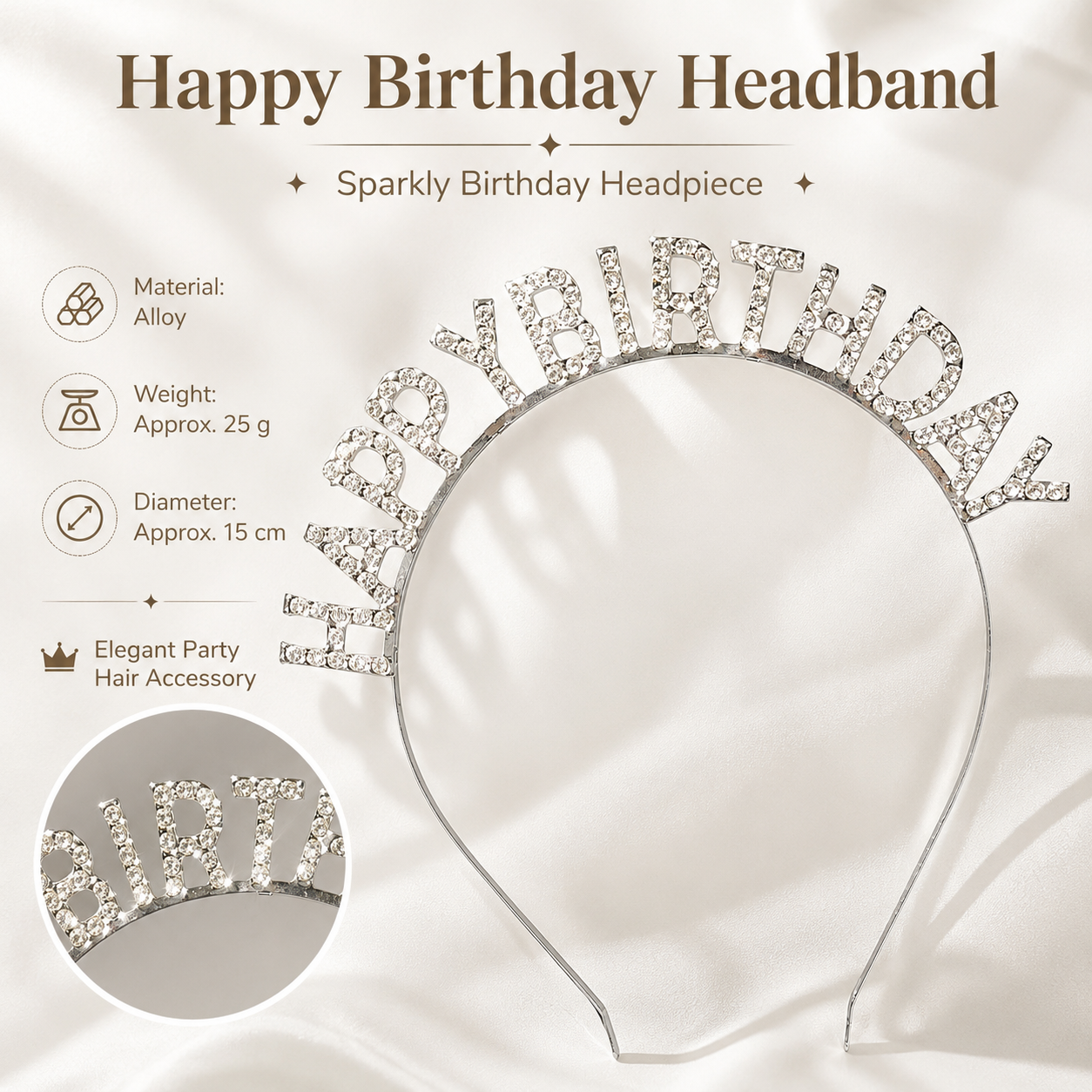Silver Happy Birthday Rhinestone Headband - Alloy Party Hair Accessory with