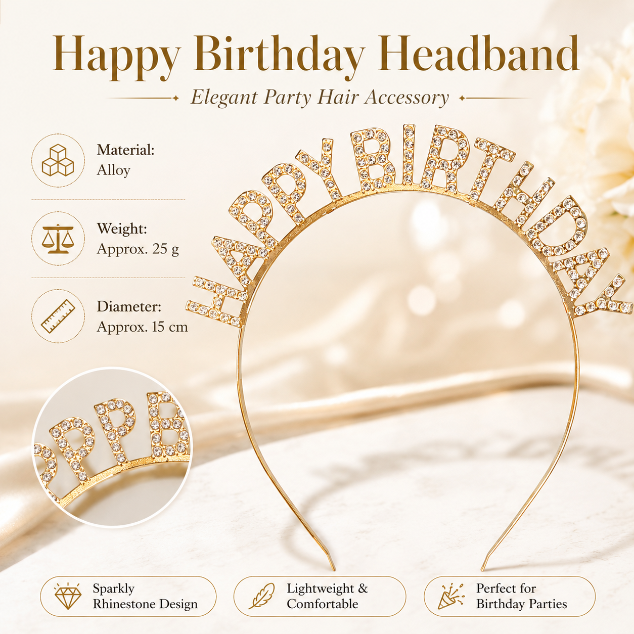 Golden Happy Birthday Rhinestone Headband - Alloy Party Hair Accessory with
