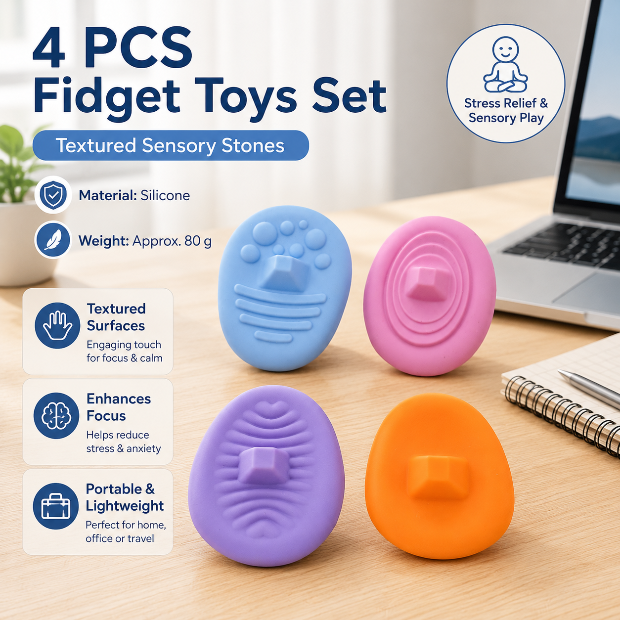 4 Piece Dark-colored version Silicone Fidget Toys Set - Textured Sensory