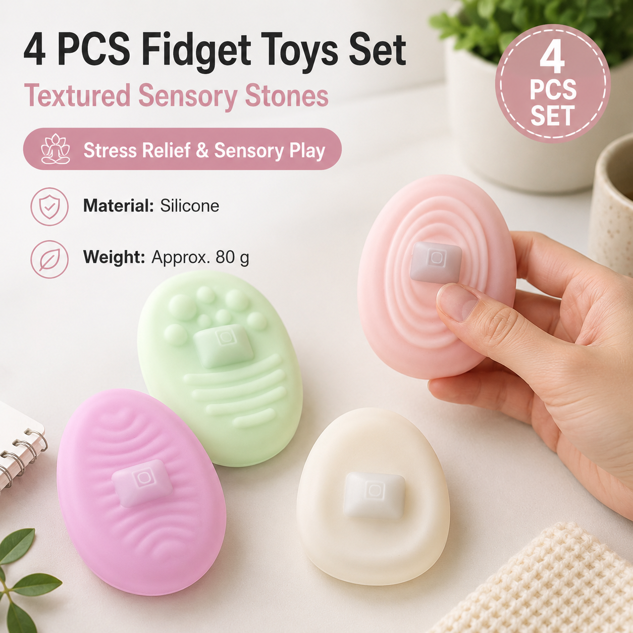 4 Piece Light-colored version Silicone Fidget Toys Set - Textured Sensory