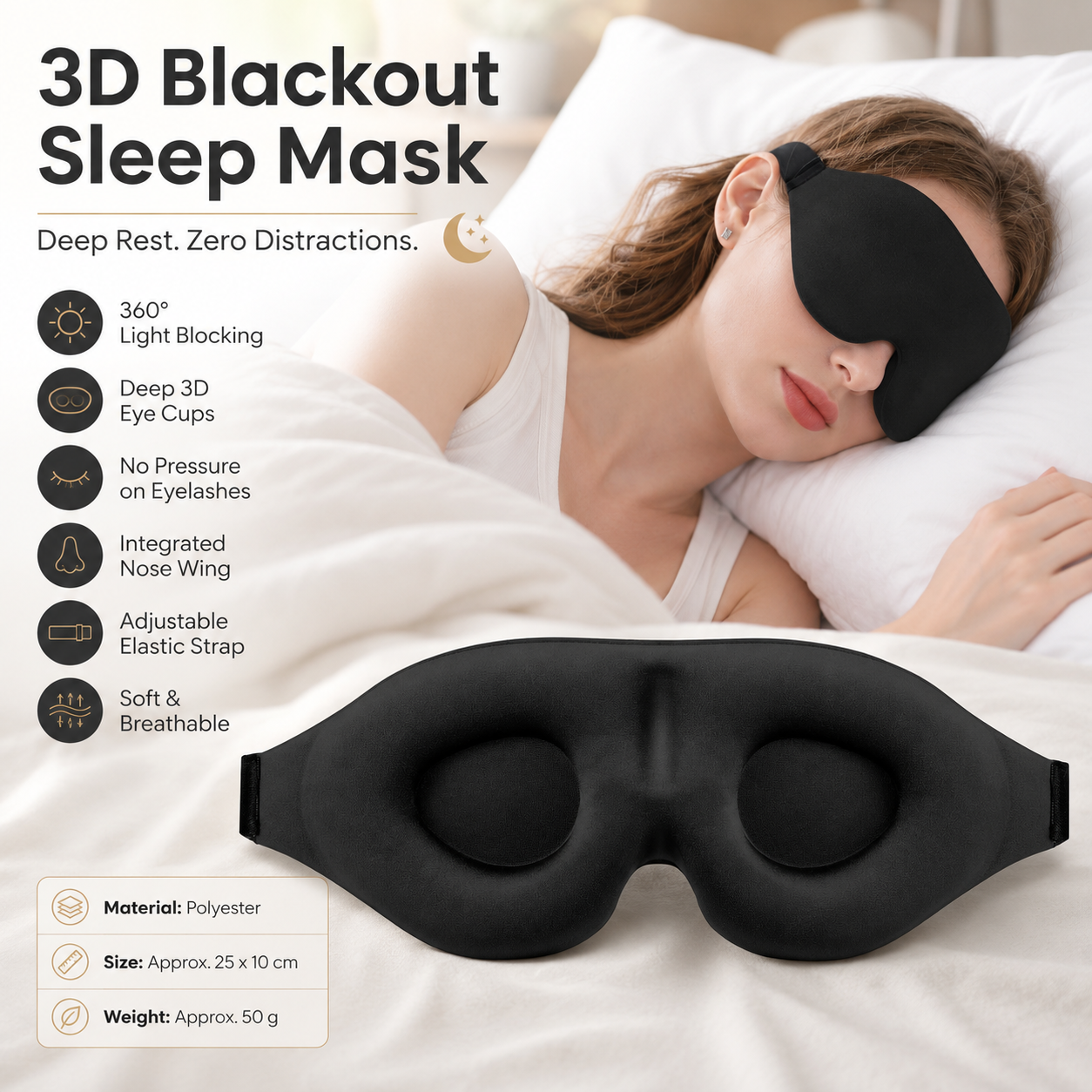 Black 3D Contoured Sleep Eye Mask - 360 Degree Blackout Blindfold with
