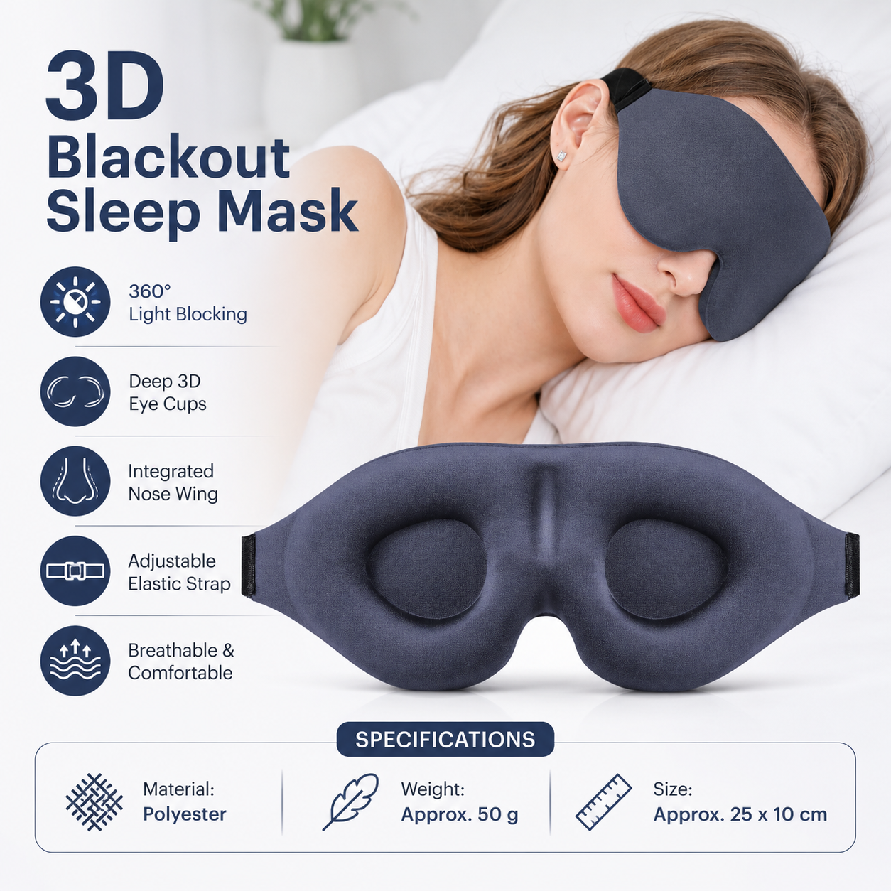 Grey 3D Contoured Sleep Eye Mask - 360 Degree Blackout Blindfold with