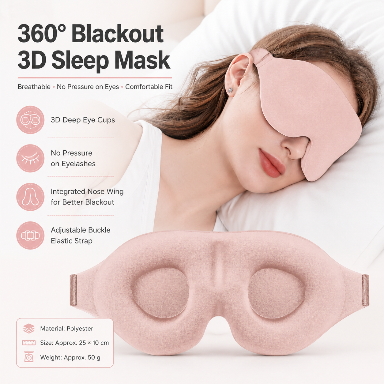 Pink 3D Contoured Sleep Eye Mask - 360 Degree Blackout Blindfold with