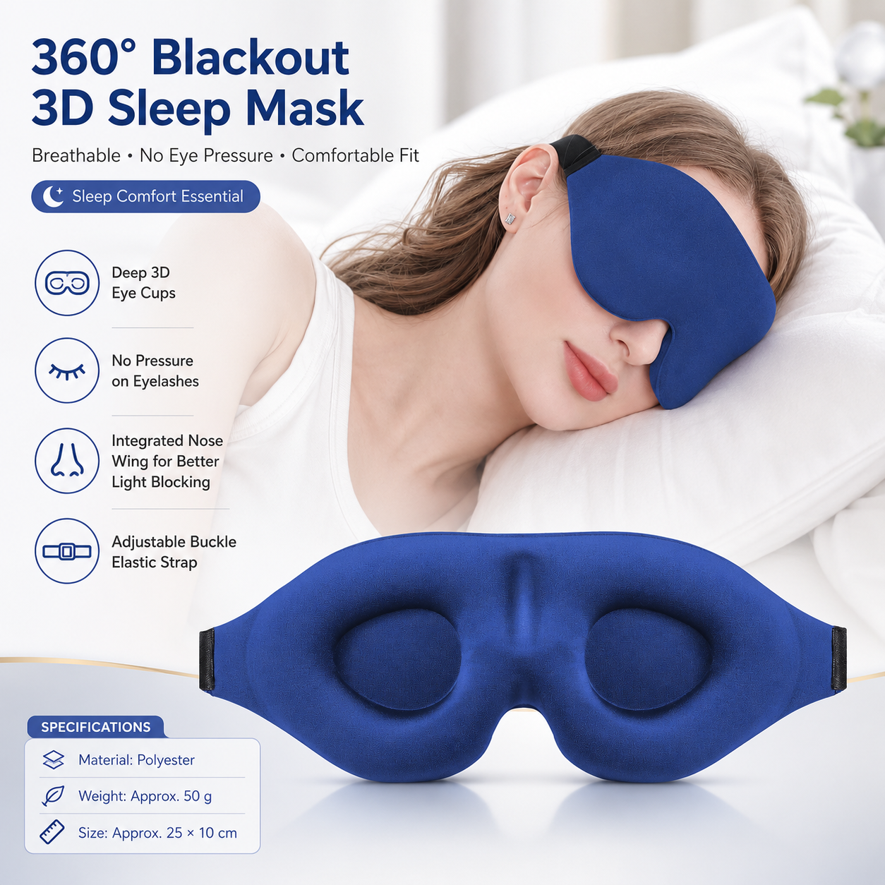 Blue 3D Contoured Sleep Eye Mask - 360 Degree Blackout Blindfold with