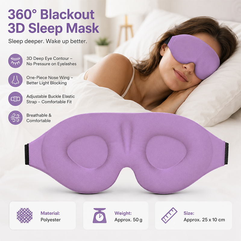 Purple 3D Contoured Sleep Eye Mask - 360 Degree Blackout Blindfold with