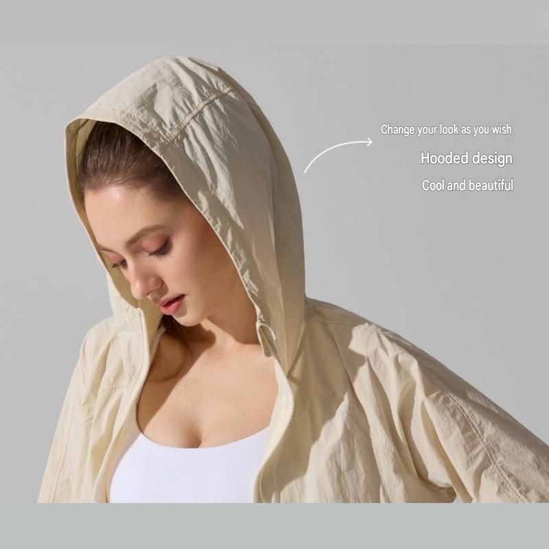 Beige M Size Women's Lightweight Hooded Windbreaker Jacket - Nylon view 10