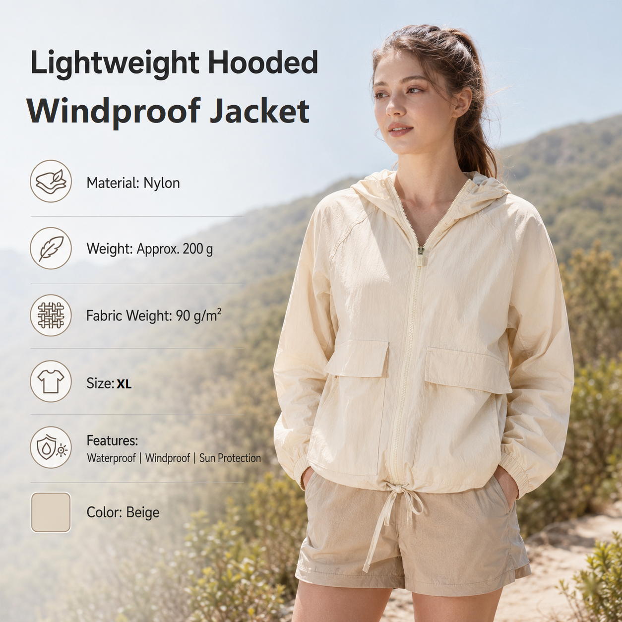 Beige XL Size Women's Lightweight Hooded Windbreaker Jacket - Nylon