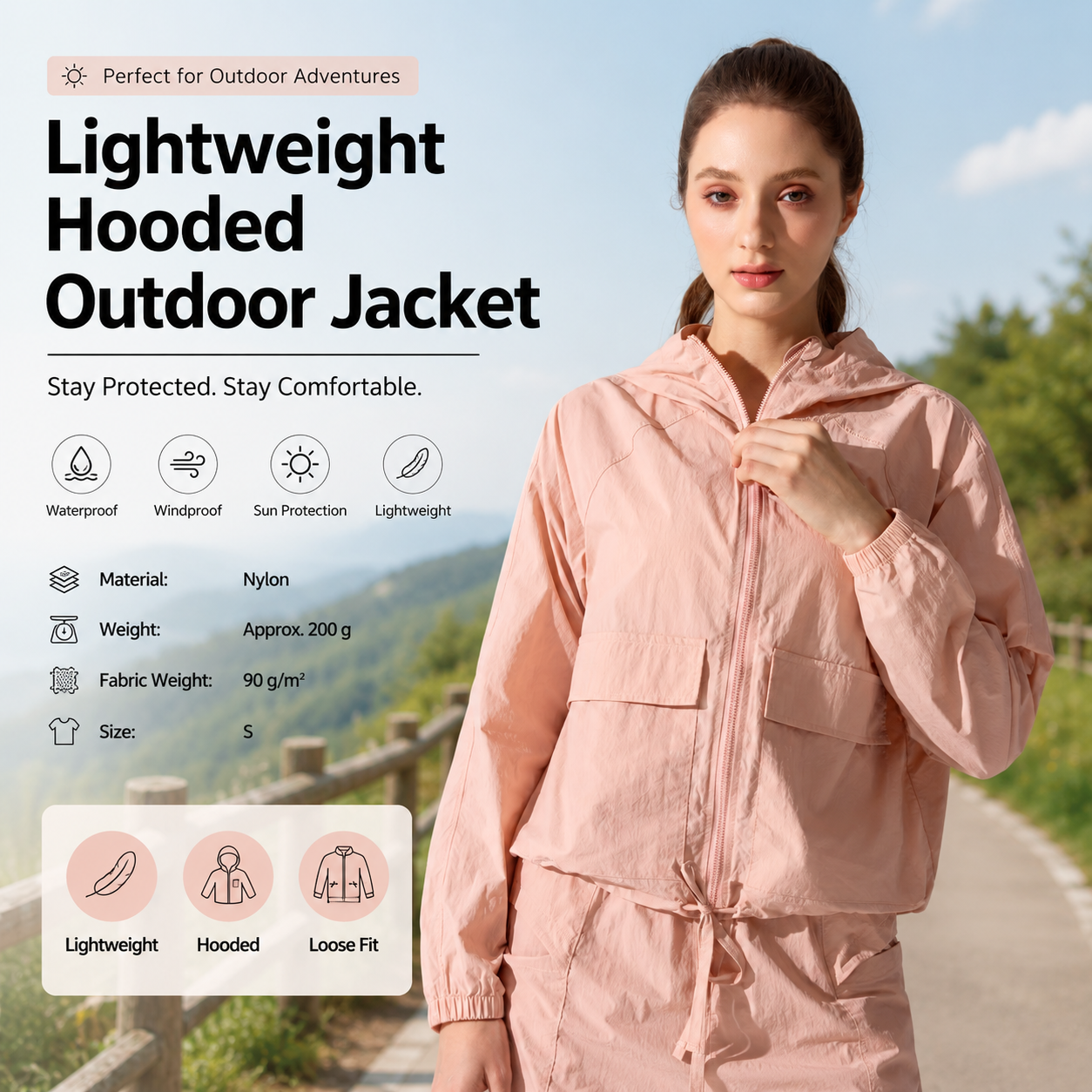 Pink S Size Women's Lightweight Hooded Windbreaker Jacket - Nylon