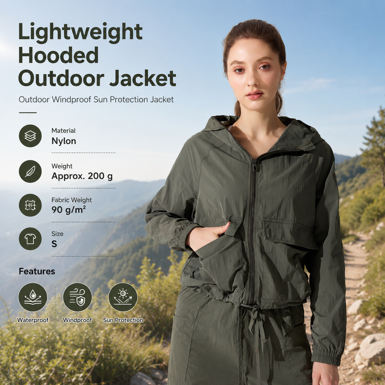 Green S Size Women's Lightweight Hooded Windbreaker Jacket - Nylon