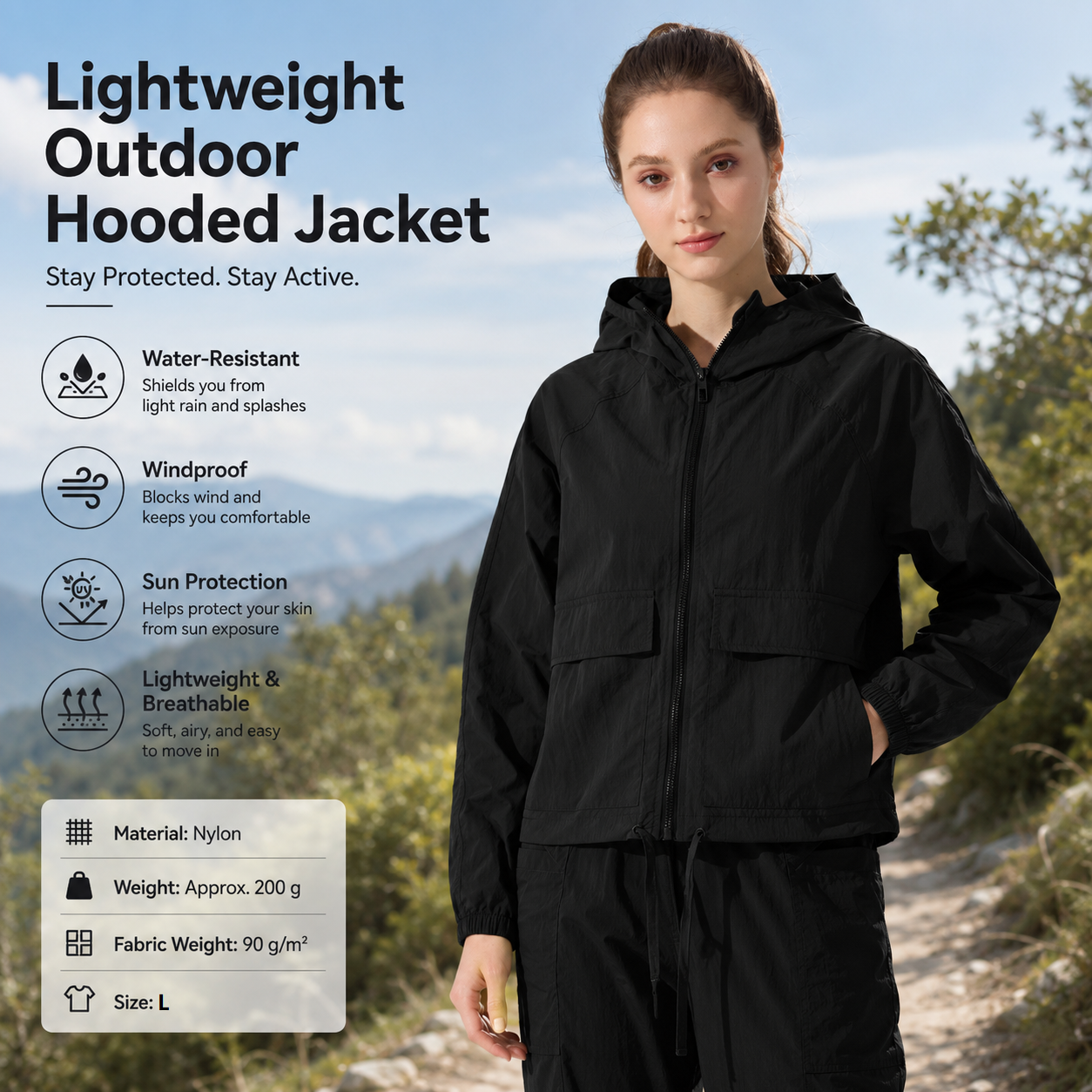 Black L Size Women's Lightweight Hooded Windbreaker Jacket - Nylon