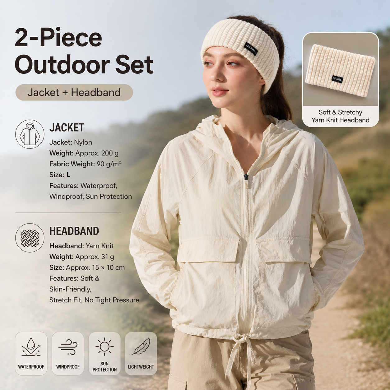 Women's Lightweight Outdoor Windproof and warm set - Beige L Size Waterproof
