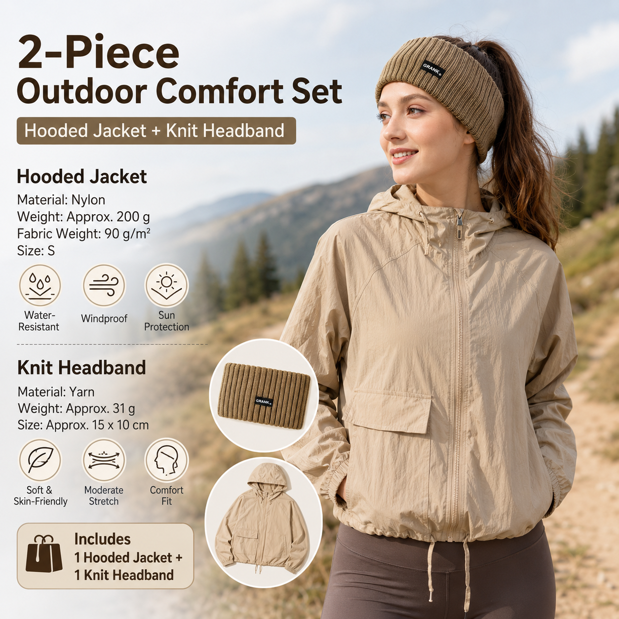 Women's Lightweight Outdoor Windproof and warm set - Khaki S Size Waterproof