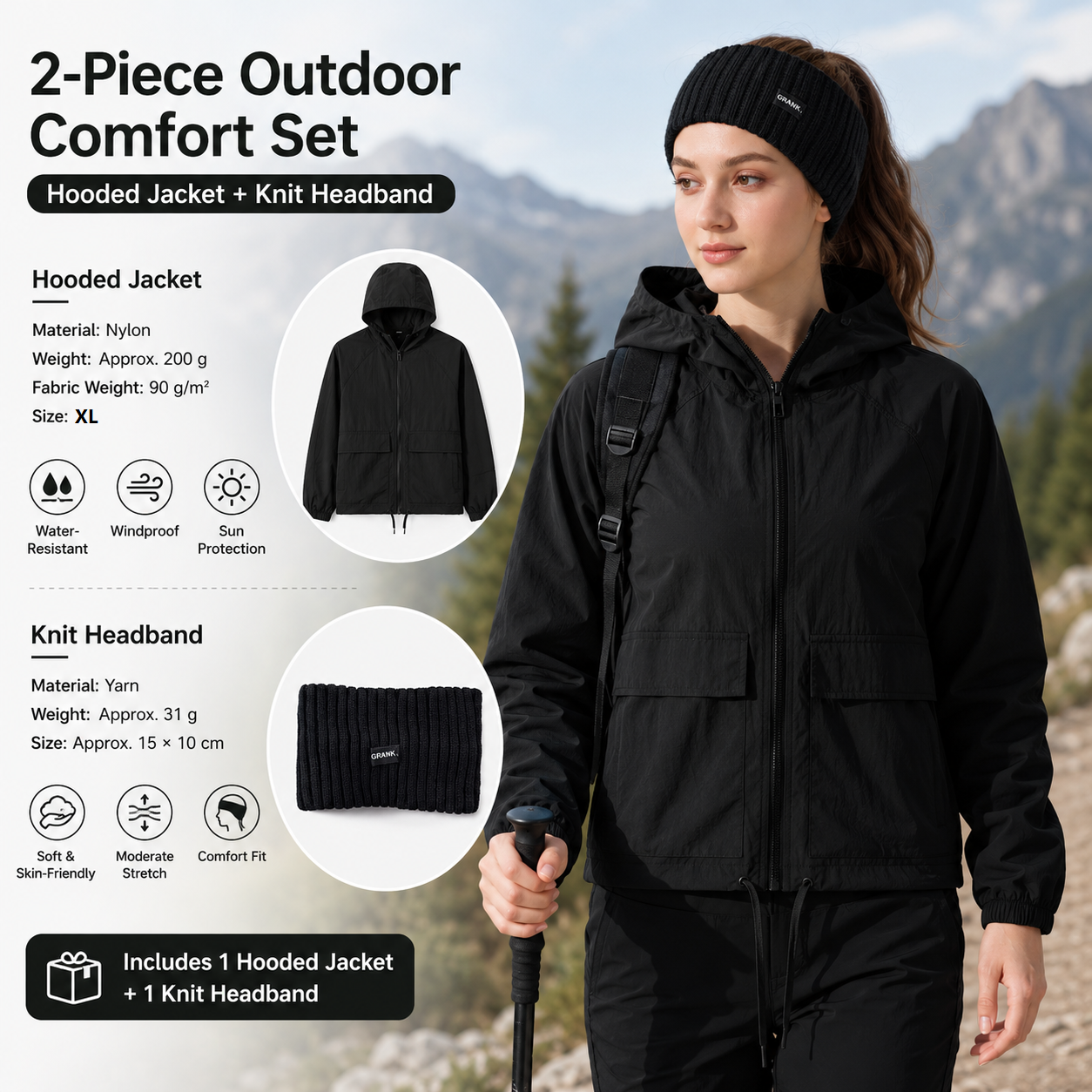Women's Lightweight Outdoor Windproof and warm set - Black XL Size Waterproof