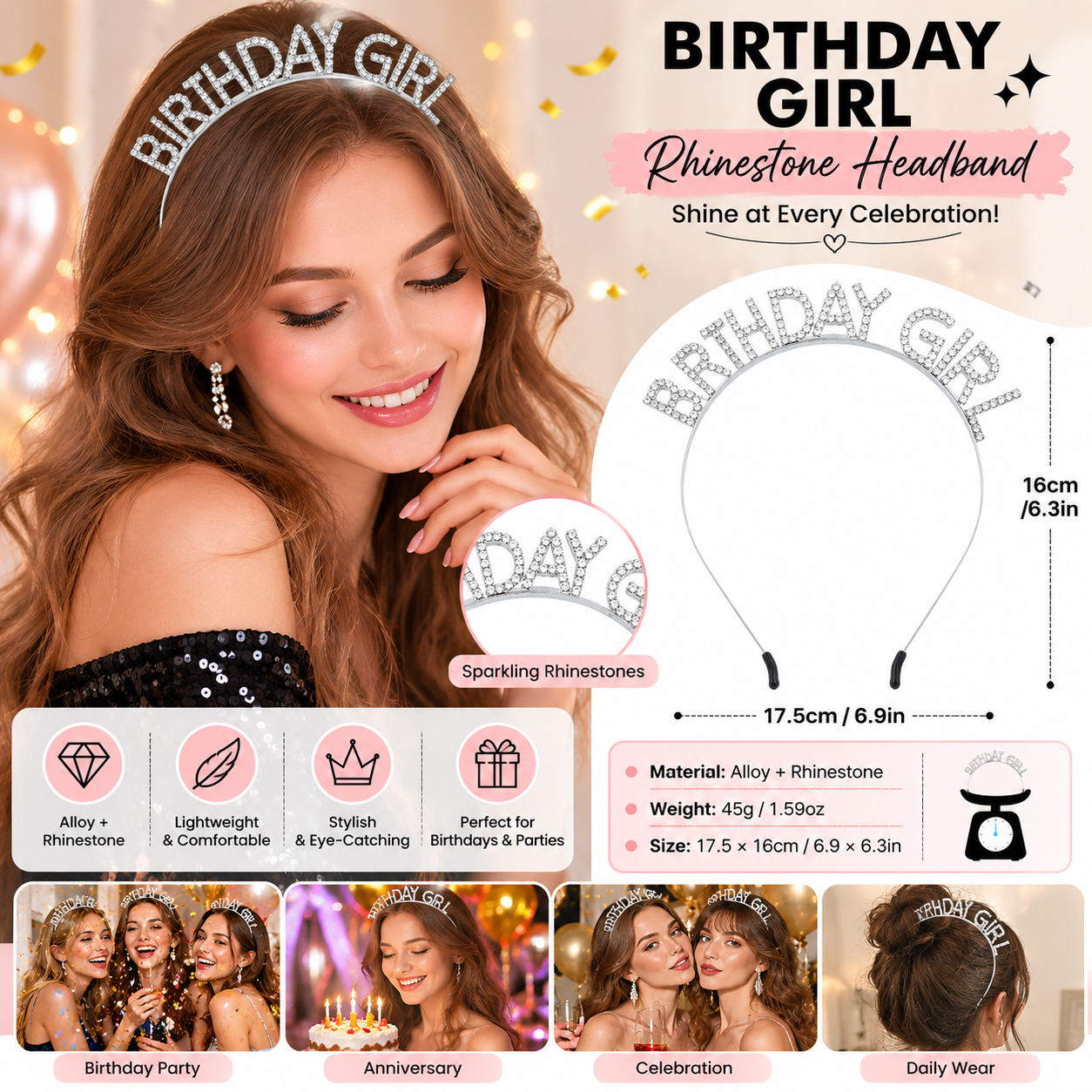 Silvery Birthday Girl Rhinestone decorative headband - Alloy Letter Hair